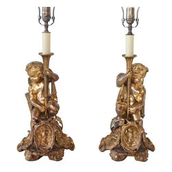 Pair of French Rococo Revival Gilt Bronze Figural Table Lamps - Products