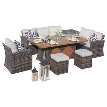 7-Piece Patio Sofa Set with Firepit and Ice Container Dining Table, Brown