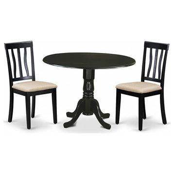 3 Pieces Dining Set, Table With Drop Leaves & Cushioned Chairs, Black/Fabric