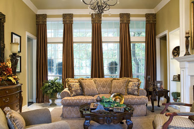 Inspiration for a huge mediterranean formal and open concept carpeted living room remodel in Dallas with a standard fireplace, beige walls and no tv