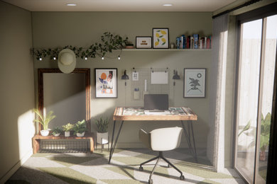 Diseño de despacho contemporáneo de tamaño medio con paredes verdes, moqueta, escritorio independiente y suelo verde
