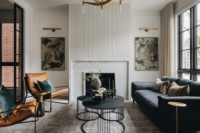 Living room - transitional light wood floor and beige floor living room idea in Chicago with white walls, a standard fireplace and a stone fireplace
