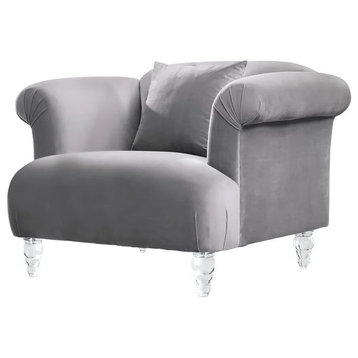 Contemporary Accent Chair, Acrylic Legs and Velvet Seat With Rolled Arms, Gray