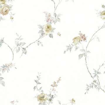 Silk Impressions 2, Contemporary Floral White, Gray Wallpaper Roll