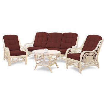 Malibu Lounge Set: Natural Rattan Wicker Chairs, Three-Seater Sofa, Coffee Table, White Wash, Dark Brown Cushions