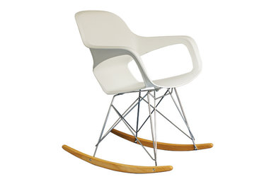 Modern Rocking Chair, Chrome & Wood Base, Cut out Arms, White