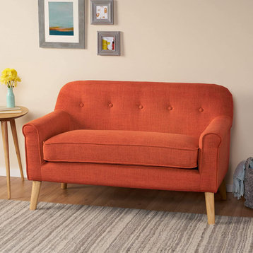 Mid Century Modern Loveseat, Natural Birch Legs & Muted Orange Upholstered Seat