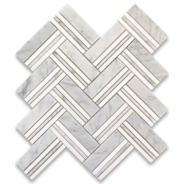 Carrara Thassos White Marble Herringbone Mosaic Strip Tile Honed 1x4, 1 sheet