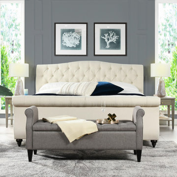 Nautlius King Bed Frame with Headboard & Footboard, Light Beige Linen