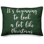 Designs Direct Creative Group - It's Beginning To Look A Lot Like Christmas, Dark Green 14x20 Lumbar Pillow - Decorate for Christmas with this holiday-themed pillow. Digitally printed on demand, this  design displays vibrant colors. The result is a beautiful accent piece that will make you the envy of the neighborhood this winter season.