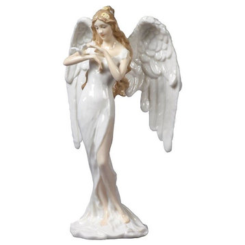 Guardian Angel, Angel With Dove, White Dress, Religious, Fine Porcelain