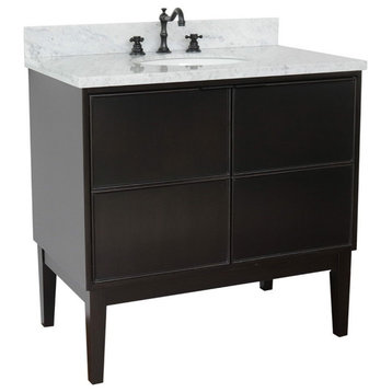 37" Single Vanity, Cappuccino Finish With White Carrara Top And Oval Sink