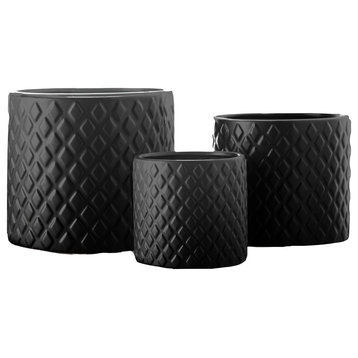Ceramic Pot with Embossed Diamond Pattern Design Matte Black Finish, Set of 3
