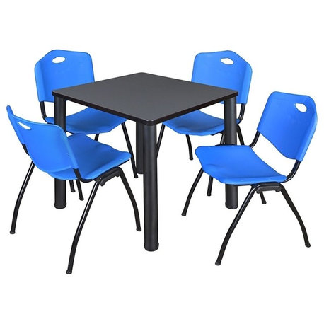 Kee 30" Square Breakroom Table, Gray/ Black and 4 'M' Stack Chairs, Blue