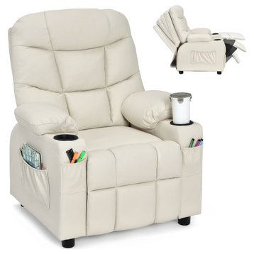 Costway Kids Youth Recliner Chair PU Leather w/Cup Holders & Side Pockets Beige