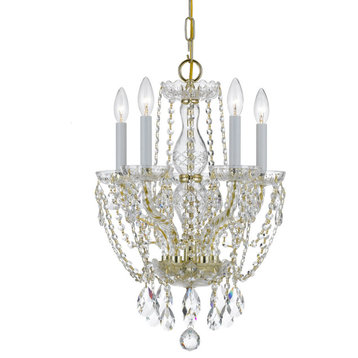 Traditional Crystal 5 Light Mini Chandelier, Polished Brass, Clear Hand Cut, 14"