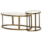 Zin Home - Calder Oval Marble Nesting Coffee Table 38" - Shapely surfaces, designed to slide together or apart with ease. A raw brass finish lends a lived-in feel to aluminum framing, with one oval-shaped nester topped by polished white marble pairing with a taller, rounded table featuring tempered glass.