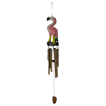 Hand Carved Wood and Bamboo Tropical Pink Flamingo  Wind Chime
