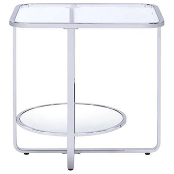 ACME Hollo Rectangular Glass Top End Table with Shelf in Chrome and Mirrored