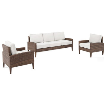 Afuera Living 3-Piece Wicker / Rattan & Fabric Outdoor Sofa Set in Brown/Cream