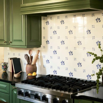 Charleston Green Kitchen: Hand-Painted Portuguese Tile Backsplash