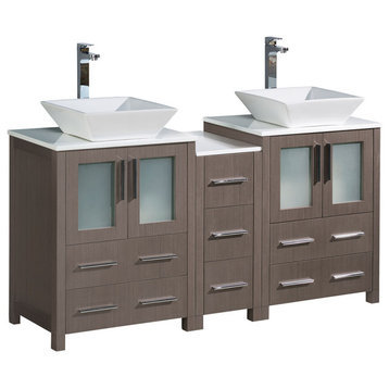 Torino 60" Double Bathroom Cabinet, Gray Oak, With Top and Vessel Sinks