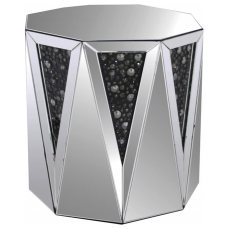 24" Silver And Faux Crystals Octagon Mirrored End Table