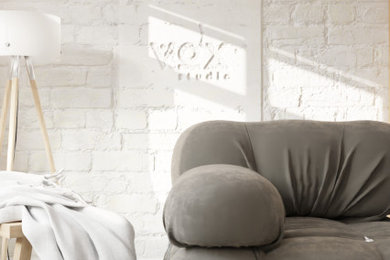 Imagen de salón abierto nórdico pequeño sin televisor con paredes blancas, suelo de cemento, suelo gris, machihembrado y ladrillo