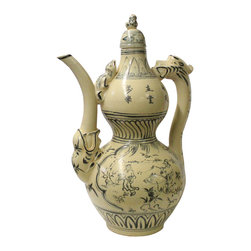 Chinese Oriental Ceramic Cream White Outline Graphic Gourd Shape Jar - Decorative Jars And Urns