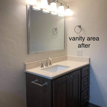New Prefab offset vanity, fixtures, and drywall texture