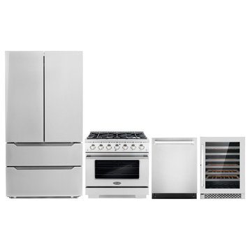 4-Piece, 36" Range, 24" Dishwasher, Refrigerator and 48 Bottle Wine Cooler