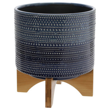 8" Dotted Planter With Wood Stand, Blue