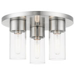 Livex Lighting - Carson 3 Light Brushed Nickel Flush Mount - The Carson transitional three light flush mount will bring posh sophistication to your decor. The clear cylinder glass combined with the brushed nickel finish gives this piece a sleek, contemporary look.