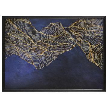 Abstract Waves on Oil, Solid Wood Frame, 54"x34", Blue and Gold