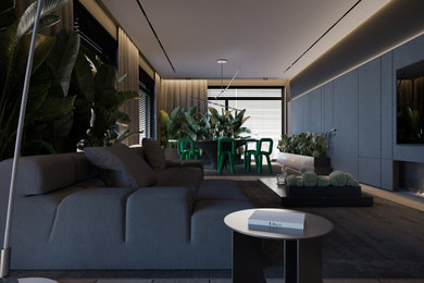 Ejemplo de sala de estar abierta minimalista grande con suelo de madera clara, chimenea lineal, pared multimedia y suelo beige