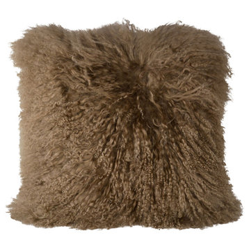 Khiera Natural Lamb Mohair Fur and Suede 16" Square Throw Pillow, Brown