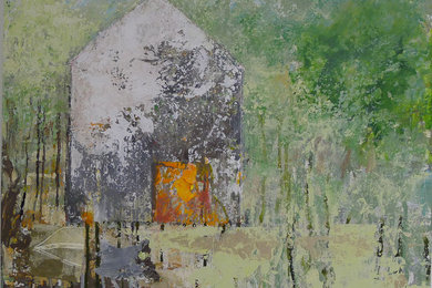 Barn Series: Spring Burn, 24x24, mixed media painting
