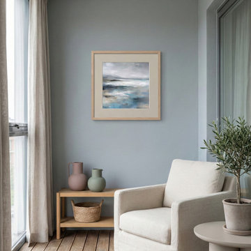 Bright Coastal Sunroom with Abstract Landscape Art and Organic Textures