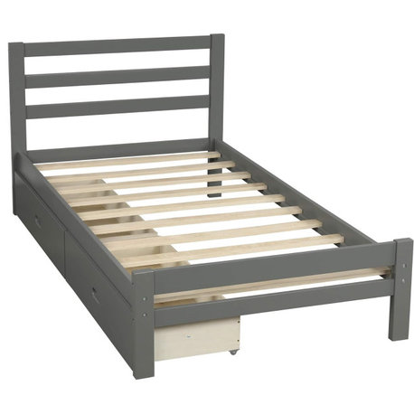 Gray Twin Platform Bed with Storage Drawers, Headboard, and Footboard