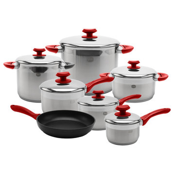 YBM Home 18/10 Tri-Ply Stainless Steel Set Induction Compatible, Red, 13 Pieces