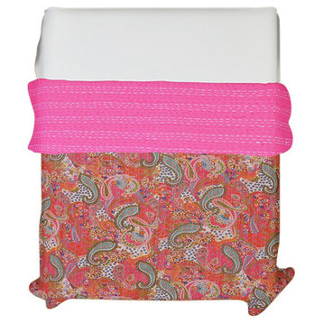 Indian Handmade Paisley Print Cotton Kantha Quilt Throw Queen, Pink
