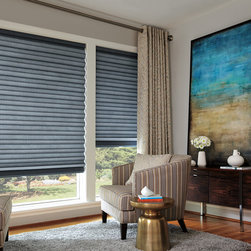 Rustic Blue Living Room Custom Window Roman Shades by Hunter Douglas - Roman Shades
