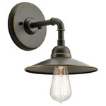 Kichler - Indoor/Outdoor Wall 1-Light, 10"x10.75"x8.25" - Westington 1 Light Outdoor Wall Light presents a vintage style for a rustic or urban look. The industrial-era design is clean and simple, with a pipe-inspired arm and classic metal shade. To complete this look our Wall Light is finished with Olde Bronze.