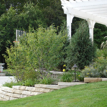Batavia Landscape Gardens with Serviceberry and Arborvitae & cut flagstone wall