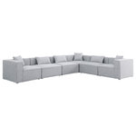 Meridian Furniture - Cube Upholstered Modular Sectional, Gray, 6-Piece: 3 Armless Chair, 3 Corner Chair, Linen Texured Fabric - Treat yourself to some long overdue "me time" when you're seated on this Cube 6-Piece Modular Sectional. This beautiful modular unit is both eye-catching and elegant, features durable linen textured upholstery in a soft grey color that meshes well with nearly any existing color scheme. Pair this modular Sectional with other items in the same collection to create an unlimited number of combinations and enjoy the custom seating arrangement of your dreams. Latches underneath make it easy to attach pieces to one another.