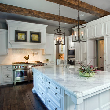 Raised Panel, White Cabinet Kitchen with Oversize Island, Hand Hewn Ceiling Beam