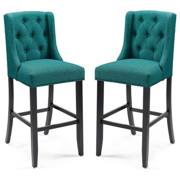 Home Square 2 Piece Tufted Upholstery Barstool Set with Wood Base in Teal Blue