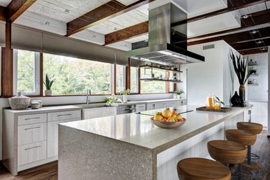 Small urban galley medium tone wood floor, brown floor and exposed beam open concept kitchen photo in New York with a farmhouse sink, flat-panel cabinets, gray cabinets, quartz countertops, stainless steel appliances, an island and gray countertops