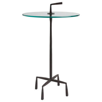 Minimalist Round Iron Glass Top Table w Handle  Portable Carry Tripod Accent