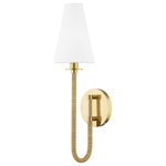 Hudson Valley Lighting - Ripley 1-Light Wall Sconce, Aged Brass Frame, White Shade - Rattan-wrapped arms support shades of white Belgian linen giving the entire fixture a natural warmth. Swooping arms add a modern feel to the traditional tapered shades while the aged brass accents complement the neutral colors, making Ripley the perfect addition to spaces of any style or palette.